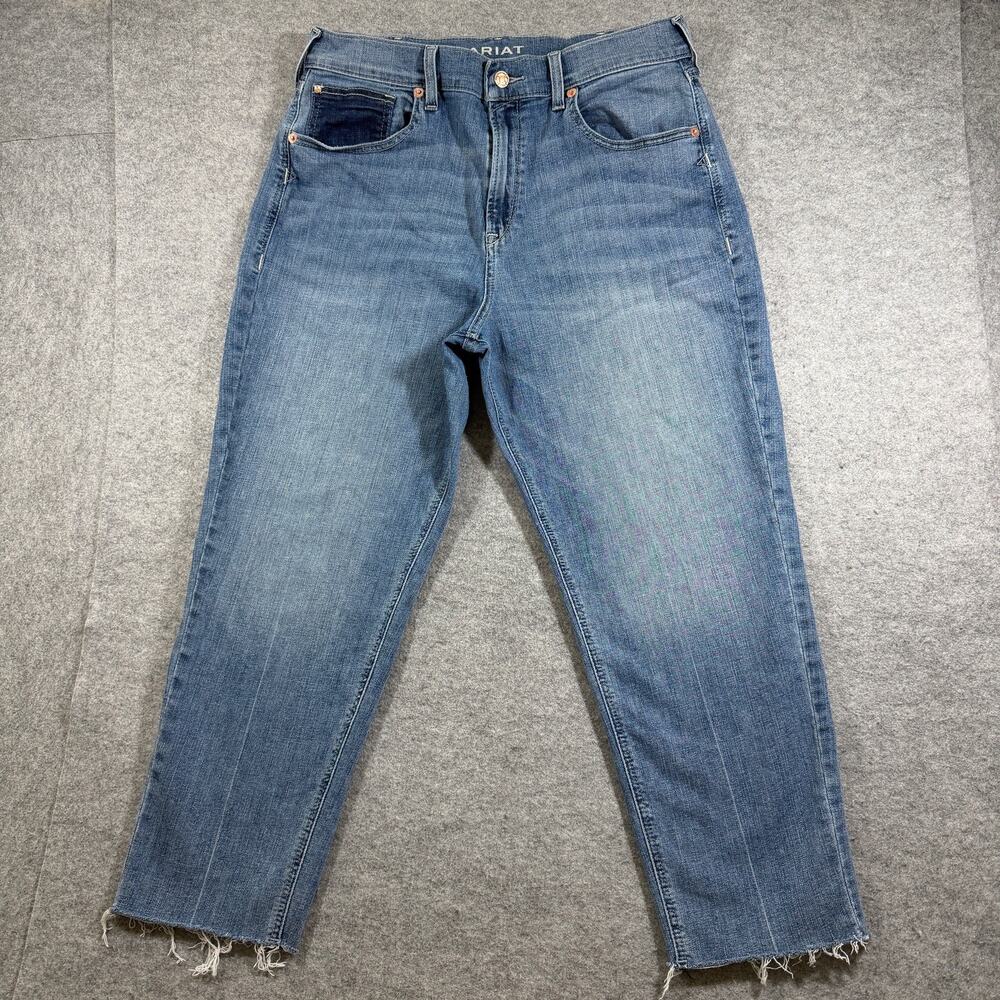 Ariat Boyfriend Jeans Womens 32R Blue Wash High Rise Distressed Stretch Denim